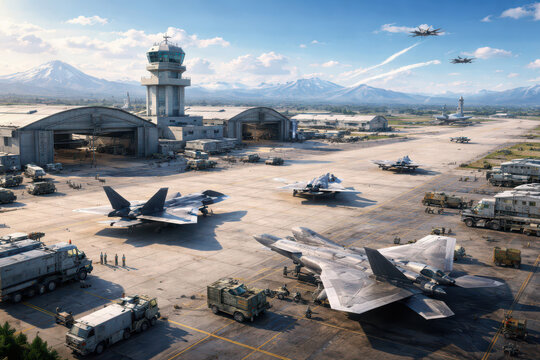 Military aircraft and vehicles at a bustling airport with mountains in the background.