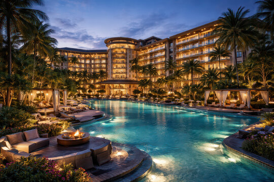 Luxury hotel pool at twilight surrounded by palm trees.