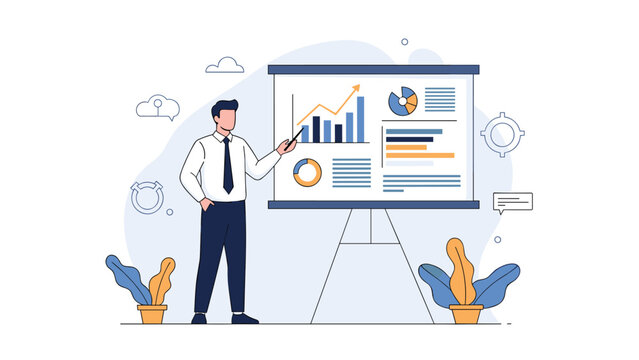 Successful businessman giving a professional presentation using charts and bar graphs on a white board in office.