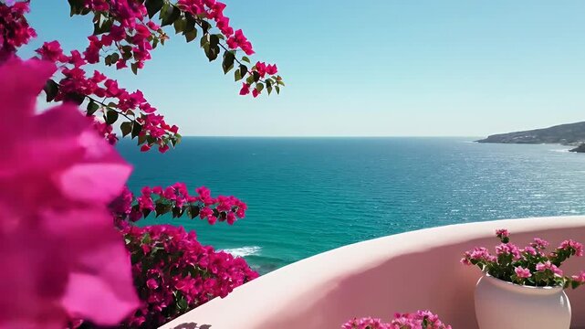Enchanting Mediterranean terrace scene with pink bougainvillea, terracotta pots, and sea view