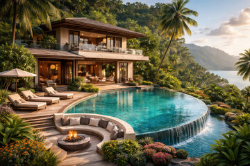 Fototapeta premium Luxurious villa with infinity pool surrounded by tropical greenery.