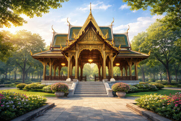 Obraz premium A beautifully designed traditional pavilion surrounded by trees and flowers.