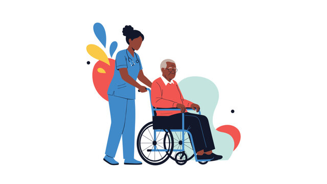 Caring young nurse pushing an elderly man in a wheelchair against a decorative background of abstract colorful shapes.