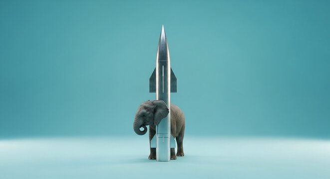 Brown elephant standing behind a silver rocket on a blue background symbolizing innovation and strength in a creative environment