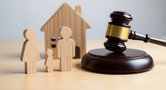 Wooden Family Figures With House Model And Judge Gavel On Wooden Background