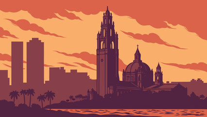 Naklejka premium Urban Skyline Silhouette with Ornate Tower and Dome Against Dramatic Sunset Sky Scenery san diego skyline