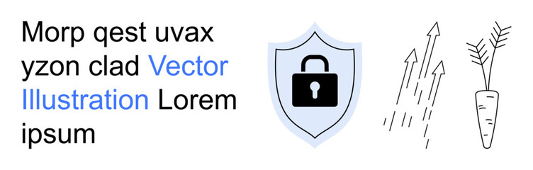 Obraz premium Data protection, growth, cybersecurity, organic farming, digital safety, personal security. Shield with padlock, arrows indicating progress carrot sketch. Data protection and growth concept