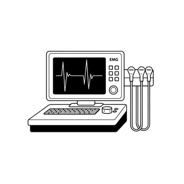 EMG Machine Electromyography Device Black and White Vector Icon &ndash; Neurology Diagnostic Medical Equipment Line Art
