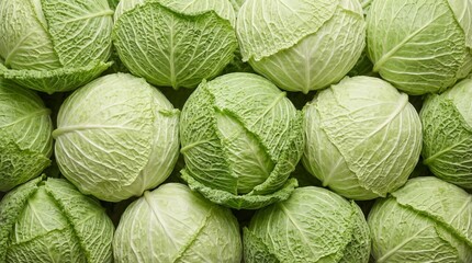 Fototapeta premium Cabbage Texture – Fresh Green Cabbage Heads – Organic Leafy Vegetable Food Background for Farm Produce Design, Healthy Cooking Concept, Grocery Packaging, Macro Close Up
