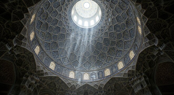 Sunbeams dramatically illuminate intricate geometric patterned dome interior of ancient Persian bathhouse architecture, creating spiritual atmosphere.