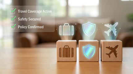 Obraz premium Travel protection icons on wooden blocks with suitcase shield and airplane symbols representing safety and security for tourists