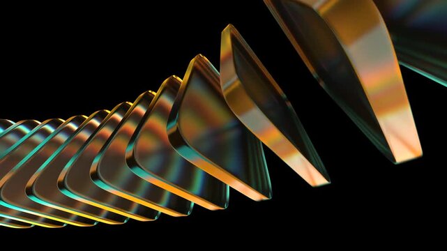 Abstract geometric animation, rotating colorful glass shapes on a black background, 3d render, 4k looping video