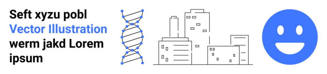 Fototapeta premium Biotechnology, urban design, communication, healthcare, scientific research, positivity. DNA helix, cityscape and a happy face. Biotechnology and urban design concept