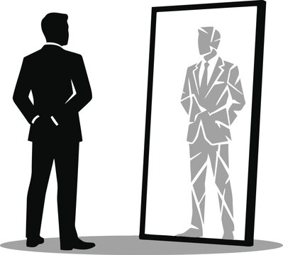 Silhouette of businessman looking at own reflection with doubt