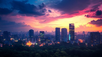 Obraz premium A vibrant sunset casts a warm glow over a modern city skyline, with towering buildings and illuminated streets below.