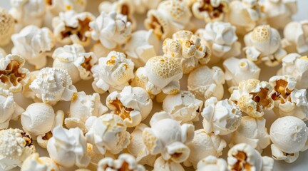 Obraz premium Close-up of freshly popped buttery popcorn with varying shapes and textures, ideal for movies and snack time, creating a warm, inviting atmosphere for food lovers