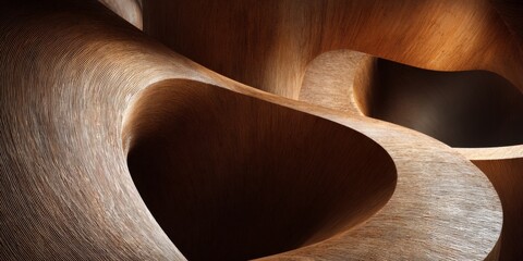 Abstract wood design with flowing curves and dynamic patterns showcasing warm tones and intricate textures in an artistic composition