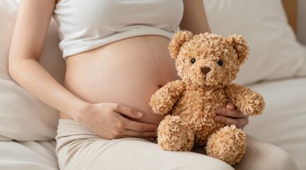 Pregnant woman gently cradling her baby bump while holding a soft teddy bear, evoking a sense of joy and anticipation for new motherhood in a cozy home setting