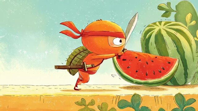 A ninja turtle fights with a sword near watermelons in the desert.