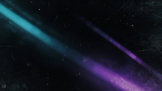 Abstract diagonal glowing cyan and deep purple streaks with heavy vintage film grain, dust and scratches on dark void background. Analog noise texture with light leak effects, purely abstract...