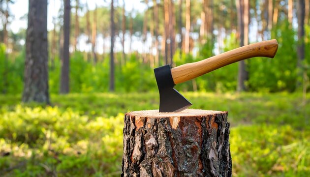 An axe is embedded in a tree stump, angled slightly to the side. The background shows a blurred forest with green foliage