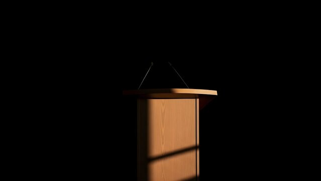Wooden podium with microphone stand isolated on black background cinematic photography closeup