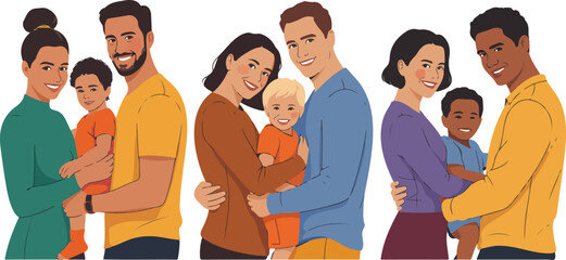 Obraz premium Digital illustration of five diverse family couples with children standing together, smiling warmly in modern minimalist style on white background