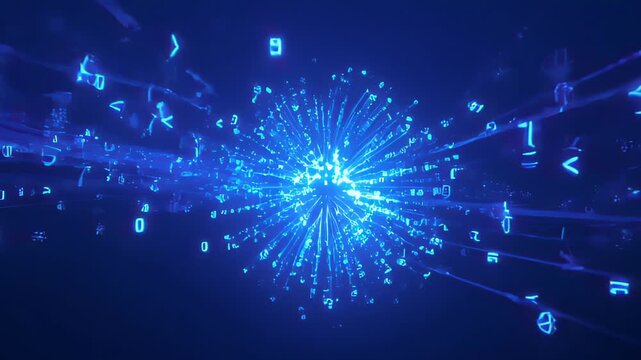 A dynamic digital animation featuring glowing blue binary code streams converging towards a radiant central light, symbolizing data flow and technological connectivity.