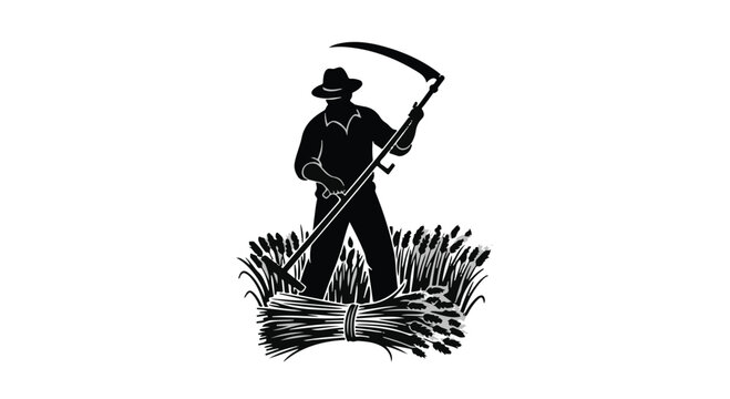 Farmer with scythe harvesting wheat at sunset, symbolizing tradition and nature's bounty