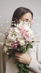 Woman holding pink and white rose bouquet with digital glitch pixel effect dissolving flowers on minimal gray background