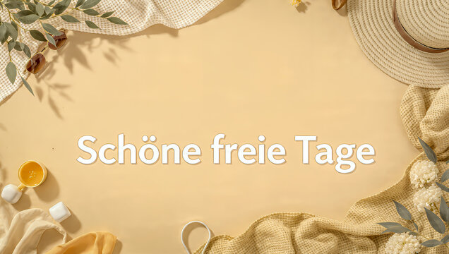 Greeting card with German text &ldquo;Sch&ouml;ne freie Tage&rdquo; (Beautiful free days), colorful design for holiday wishes.
