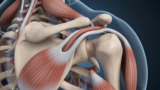 A detailed anatomical illustration of the human shoulder joint with bones and muscles.