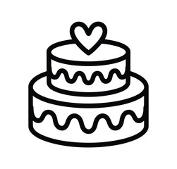 A simple black line drawing of a two-tiered wedding cake with a heart on top