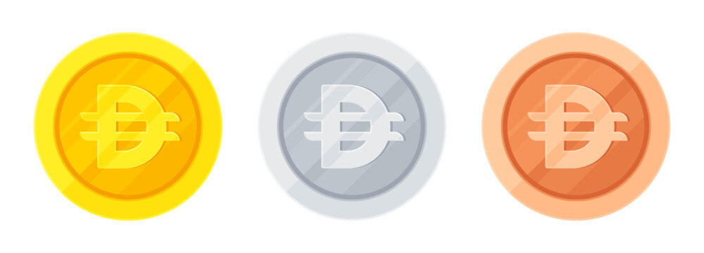 Set of gold, silver and copper coins with UAE dirham sign (Dh). Economy, finance, investment, profit, money, AED currency concept. Flat vector illustration isolated on white background