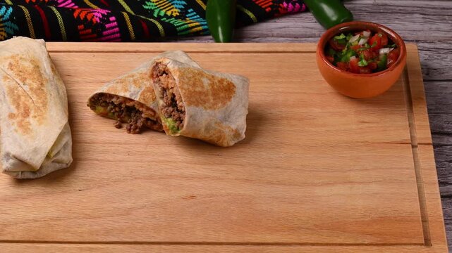Traditional ground beef burritos wrapped in flour tortillas with pico de gallo