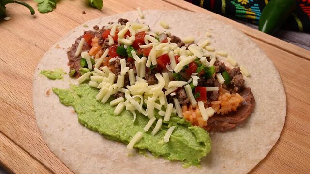 Unrolled beef burrito with guacamole, refried beans, Mexican rice and shredded cheese on flour tortilla