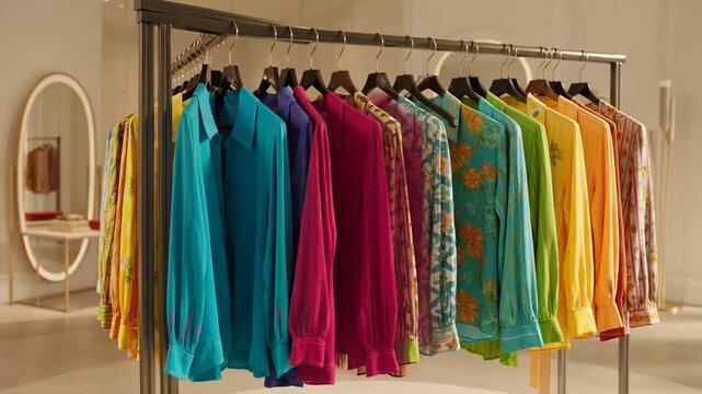 A vibrant collection of richly colored and patterned shirts displayed on a clothing rack in a retail store, showcasing diverse fashion styles
