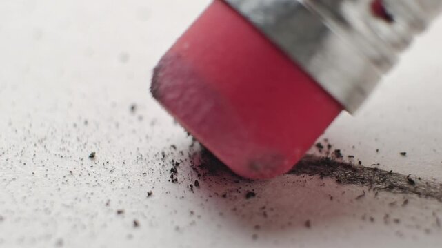 Slow motion pencil eraser erasing and creating a mess on white paper. Conceptual bad idea, fixing problems, failure or mistake, wrong decision, or to remove an error. Back to School supplies.