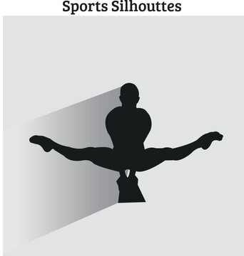 A powerful silhouette of a male gymnast performing a wide straddle jump or a press handstand variation on a block or pommel horse