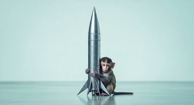 Curious monkey holding a large metal rocket model on a sleek surface with a plain background