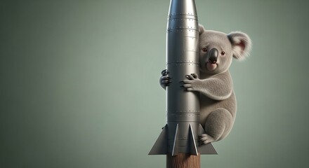 Fototapeta premium Koala bear climbing a rocket on green background symbolizing adventure and exploration