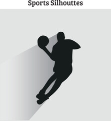 A silhouette of a basketball player in mid-air, clutching the ball and preparing for a layup or a high-reaching jump shot © Design with Zaid