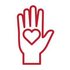 Obraz premium red line hand with heart symbol on palm love and care gesture