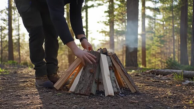 Person arranges firewood in teepee formation on forest floor with tall trees in background
