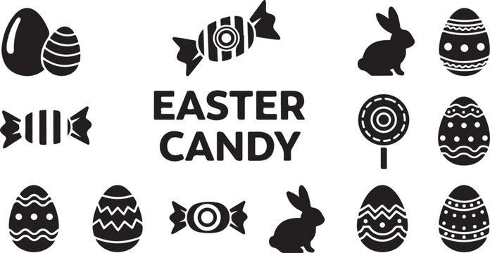 Easter candy icons and silhouettes on white background