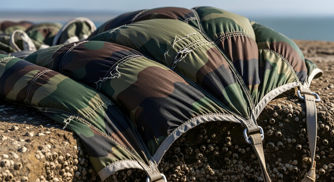 Camouflage Fabric Airbag Resting on Barnacle-Covered Surface in Natural Light; Green Brown and Beige Tones for Outdoor or Military Use