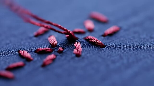 Embroidered red stitches lie on blue fabric, needle between fingers. Macro close-up