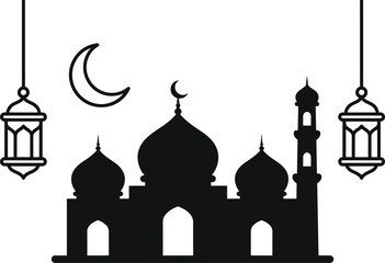 Ramadan mosque silhouette with crescent moon and hanging lanterns, Islamic religious architecture symbol, Muslim vector illustration