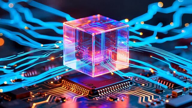 Futuristic cube on circuit board