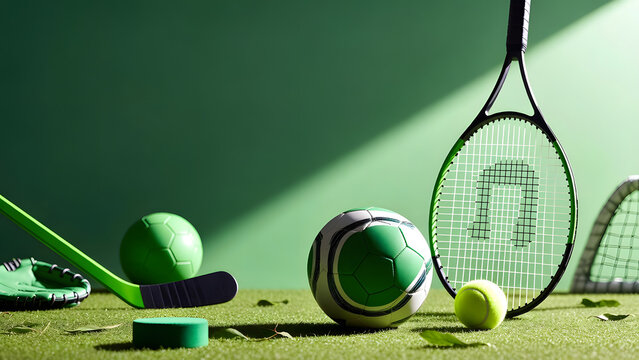 A variety of sports equipment including an soccer ball, tennis racket and  tennis ball